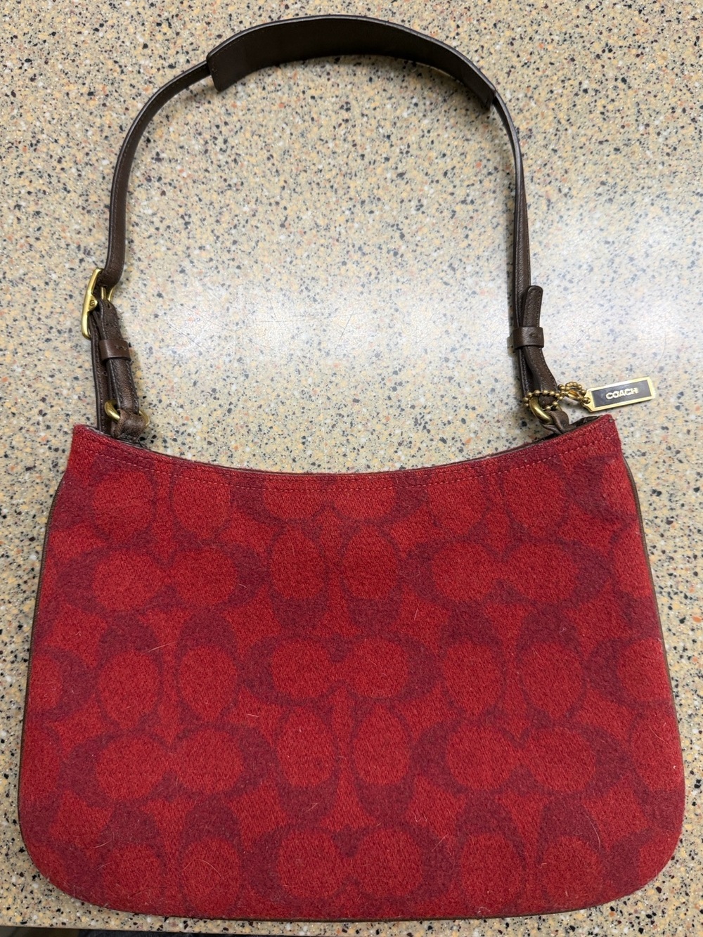 Coach Red Signature Canvas Shoulder Bag with Brown Leather Strap